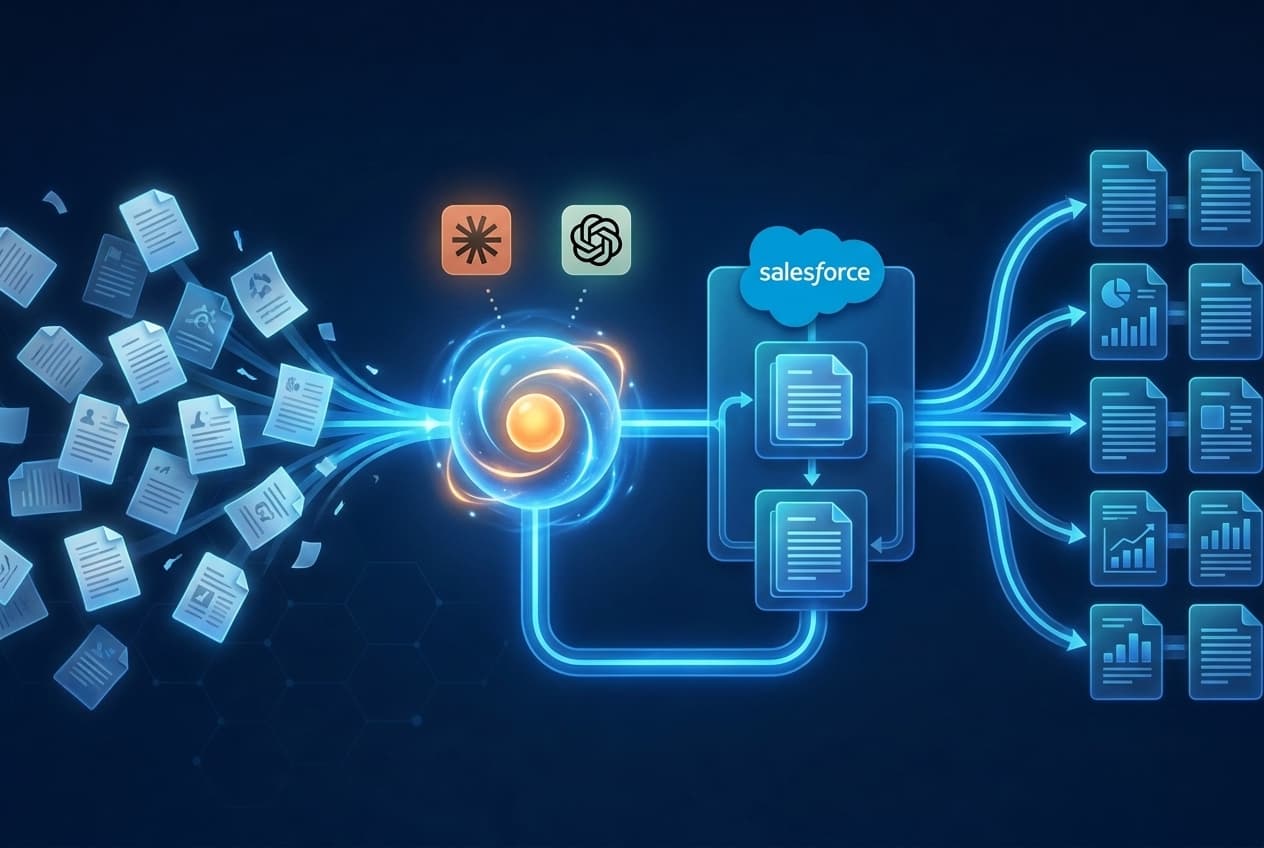 Scattered documents flowing through an AI core with Claude and OpenAI marks into Salesforce and out as organized records and reports