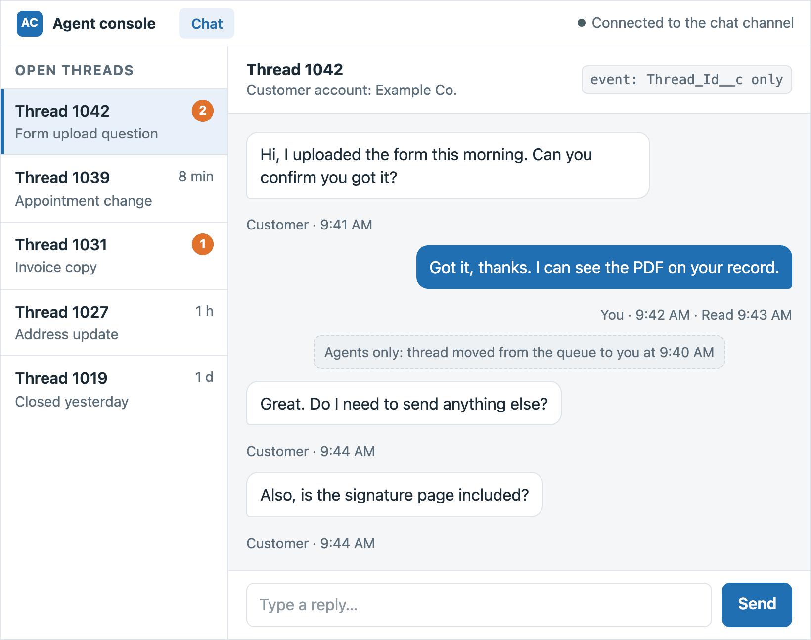 Illustration of an agent console: a list of open chat threads with unread counts, an open thread with customer and agent messages, a read time under the agent's reply, and an agents-only system note