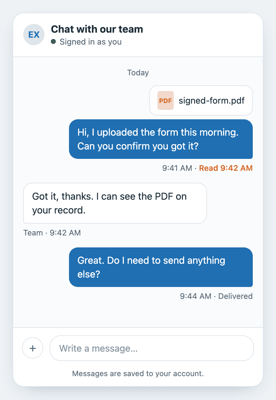 Illustration of a customer chat window on a website: an uploaded PDF, the customer's message marked Read 9:42 AM, the team's reply, and a newer message marked Delivered