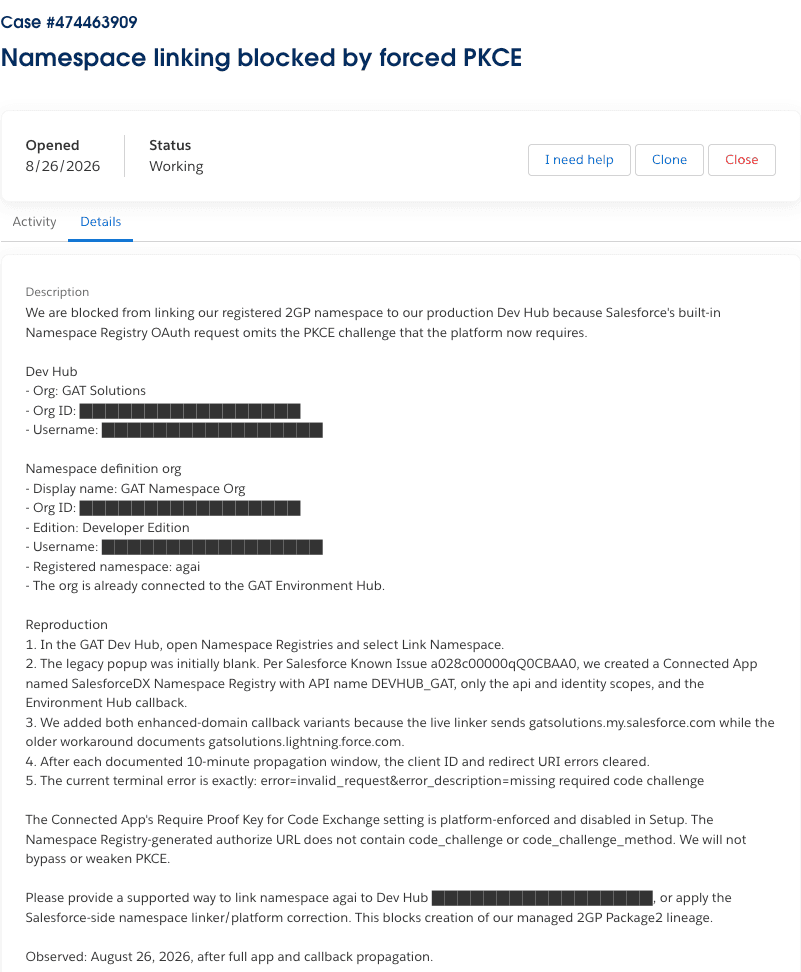Redacted Salesforce case details containing the namespace linking reproduction and requested action