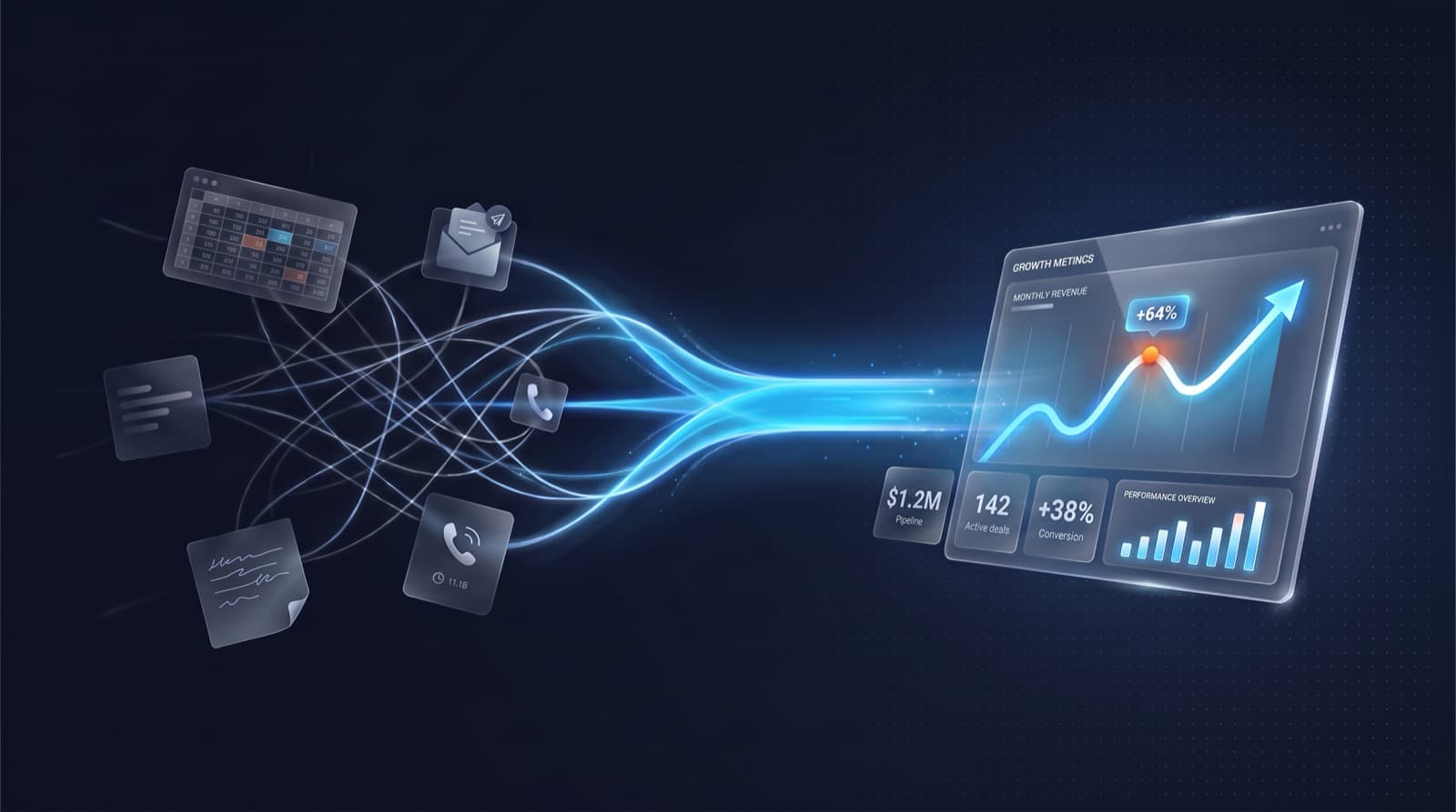 Scattered operational tools streamlining into one glowing growth dashboard