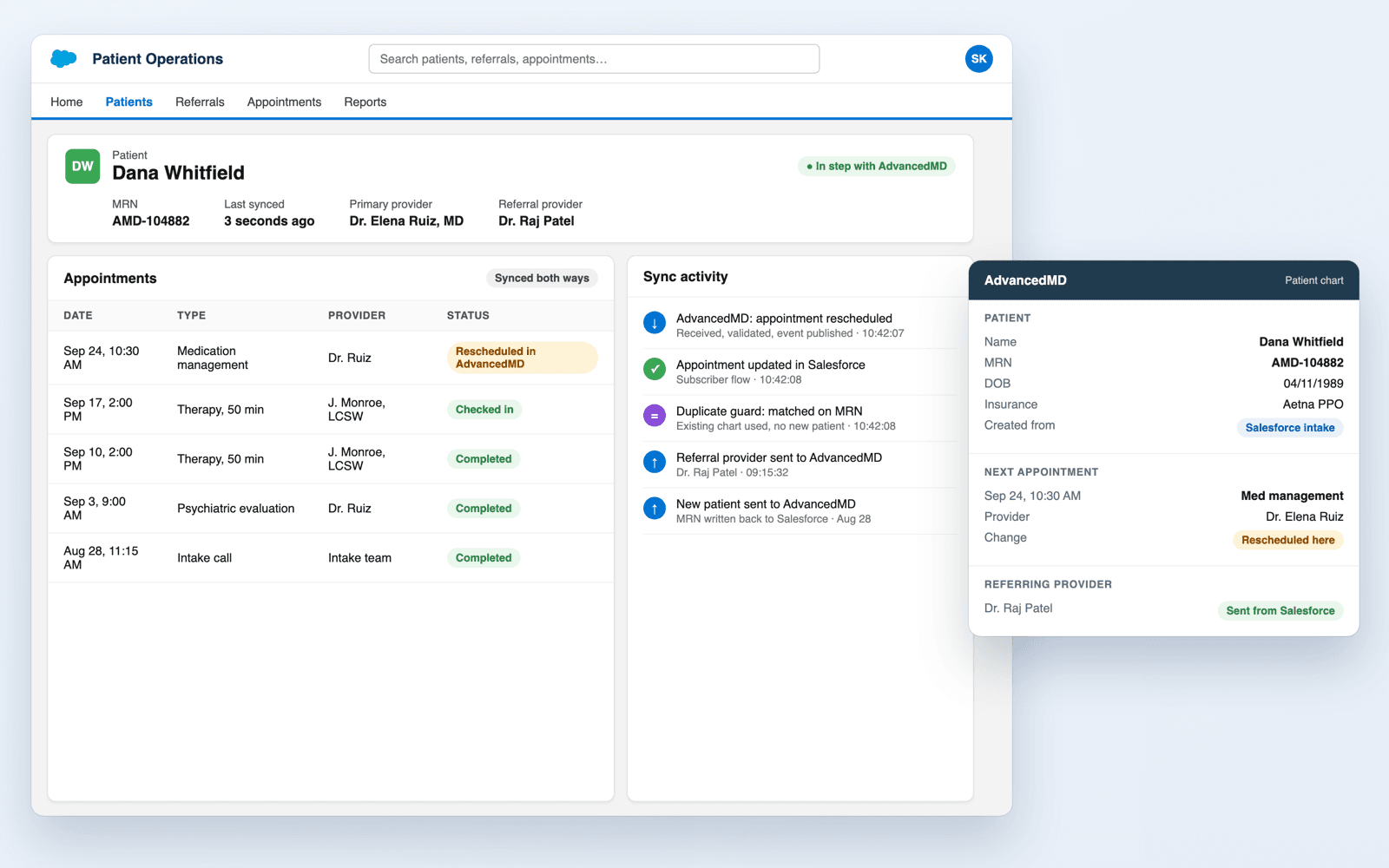 Representative Salesforce patient record using synthetic data, with appointments synced from AdvancedMD, a sync activity log, and the matching AdvancedMD chart