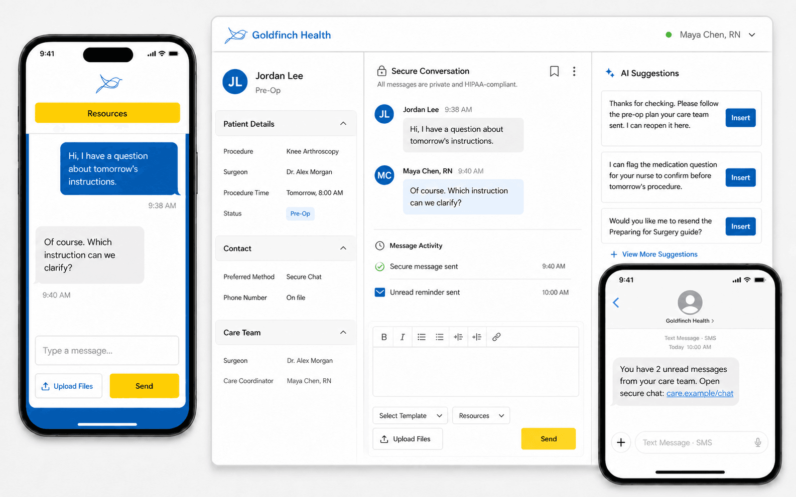 Representative Goldfinch Health messaging workflow using synthetic data, showing patient chat, a nurse workspace, AI reply suggestions, and an SMS unread reminder