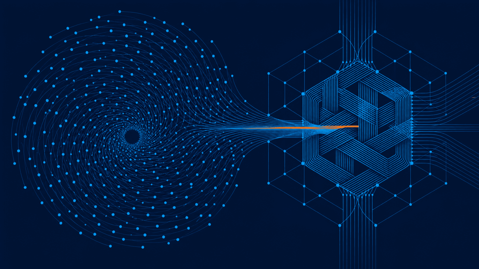 Abstract illustration: a spiral of nodes feeding one bright stream into a hexagonal core