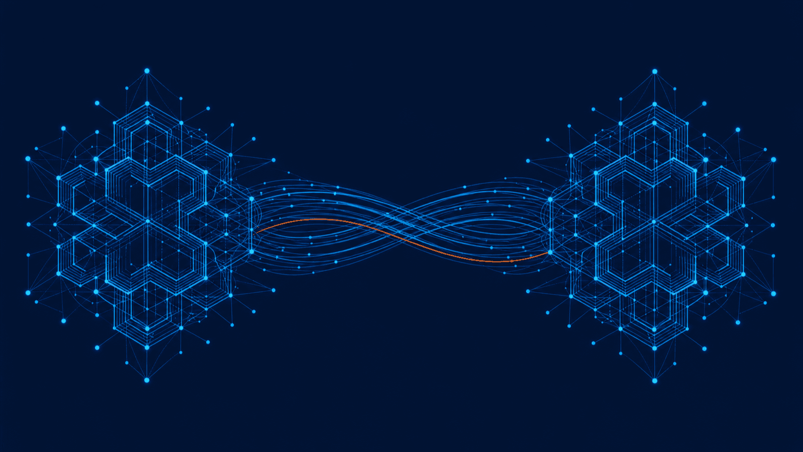 Abstract illustration: two hexagonal network clusters joined by luminous azure threads