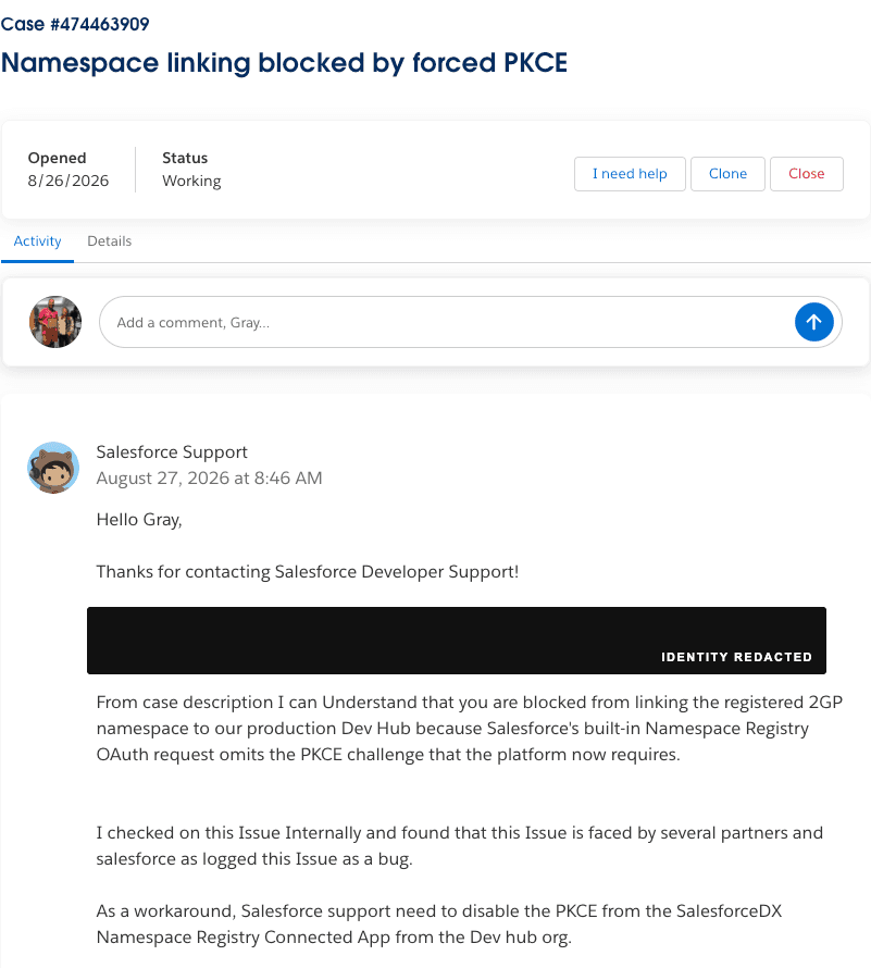 Redacted Salesforce Support response confirming that several partners were affected and the issue was logged as a bug