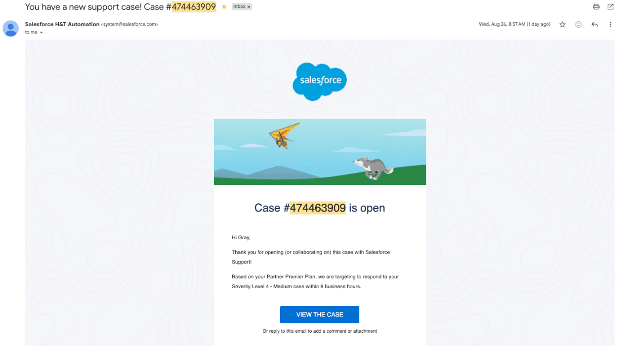 Salesforce email showing that Case 474463909 opened on August 26, 2026 at 8:57 AM
