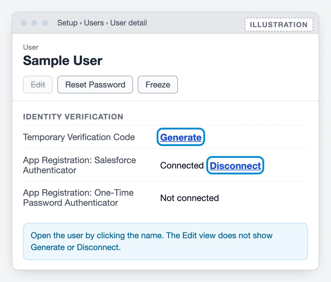 Illustration of a Salesforce user detail page with Generate next to Temporary Verification Code and Disconnect next to App Registration: Salesforce Authenticator